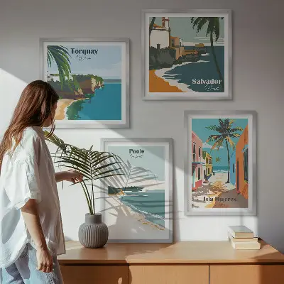 Set de cuadros modernos para salón con diseño de playas tropicales y palmeras