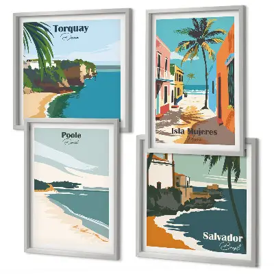 Set de cuadros modernos para salón con diseño de playas tropicales y palmeras