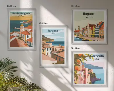 Set de 4 cuadros de vistas de puertos europeos para salón