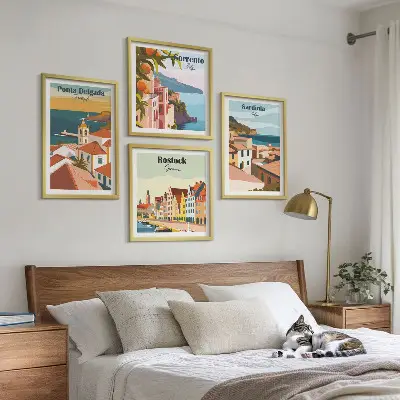 Set de 4 cuadros de vistas de puertos europeos para salón