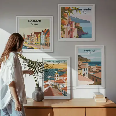 Set de 4 cuadros de vistas de puertos europeos para salón