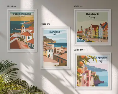 Set de 4 cuadros de vistas de puertos europeos para salón