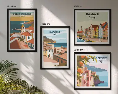 Set de 4 cuadros de vistas de puertos europeos para salón