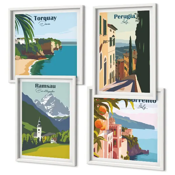 Galería de pared con paisajes de montaña y ciudades