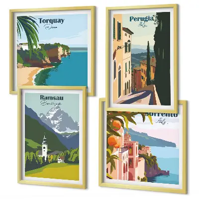 Galería de pared con paisajes de montaña y ciudades