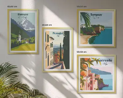 Galería de pared con paisajes de montaña y ciudades