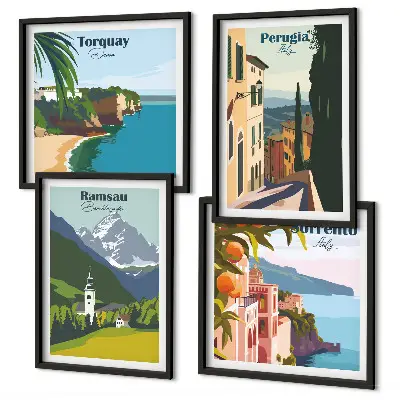 Galería de pared con paisajes de montaña y ciudades