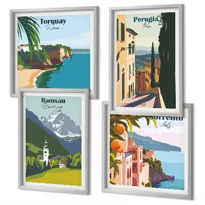 Galería de pared con paisajes de montaña y ciudades