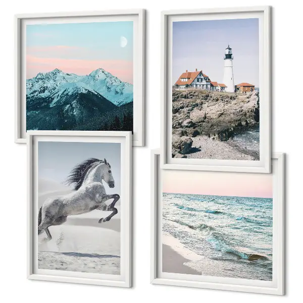 Set de 4 cuadros para salón con motivos de caballos en movimiento, playa, faro y montañas