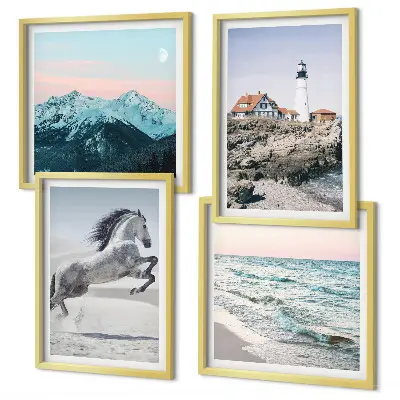 Set de 4 cuadros para salón con motivos de caballos en movimiento, playa, faro y montañas