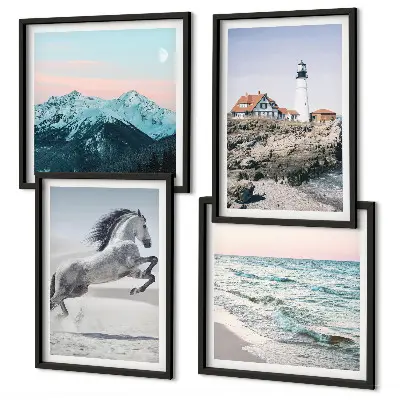 Set de 4 cuadros para salón con motivos de caballos en movimiento, playa, faro y montañas