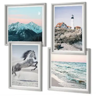 Set de 4 cuadros para salón con motivos de caballos en movimiento, playa, faro y montañas