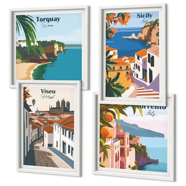 Set de cuadros modernos para salón con ilustraciones retro de ciudades del mundo