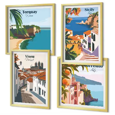 Set de cuadros modernos para salón con ilustraciones retro de ciudades del mundo