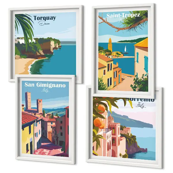 Set de 4 cuadros para salón con diseño de pueblos costeros italianos