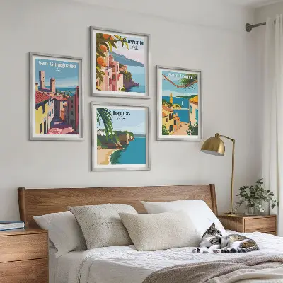 Set de 4 cuadros para salón con diseño de pueblos costeros italianos
