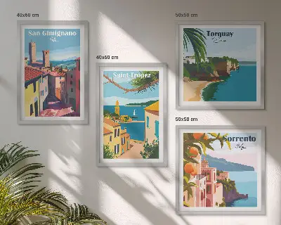Set de 4 cuadros para salón con diseño de pueblos costeros italianos