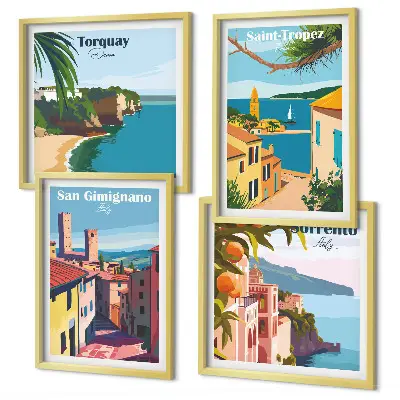 Set de 4 cuadros para salón con diseño de pueblos costeros italianos