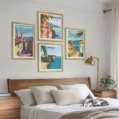 Set de 4 cuadros para salón con diseño de pueblos costeros italianos