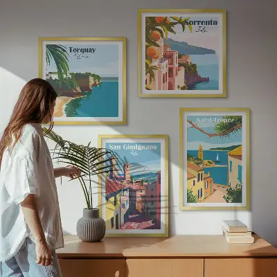 Set de 4 cuadros para salón con diseño de pueblos costeros italianos