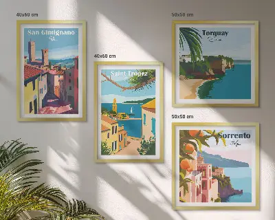 Set de 4 cuadros para salón con diseño de pueblos costeros italianos