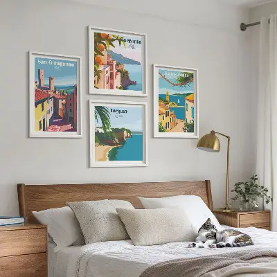 Set de 4 cuadros para salón con diseño de pueblos costeros italianos