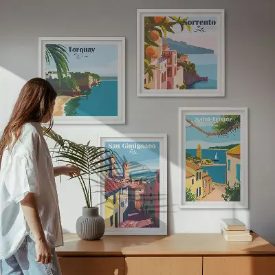 Set de 4 cuadros para salón con diseño de pueblos costeros italianos
