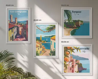 Set de 4 cuadros para salón con diseño de pueblos costeros italianos
