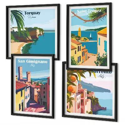 Set de 4 cuadros para salón con diseño de pueblos costeros italianos