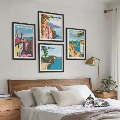 Set de 4 cuadros para salón con diseño de pueblos costeros italianos