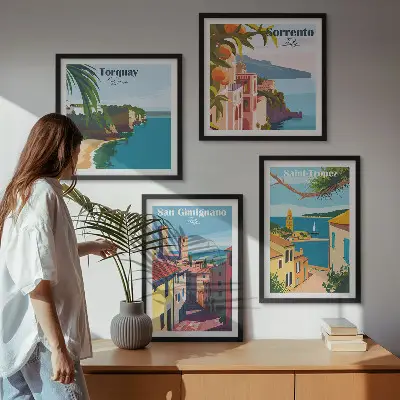 Set de 4 cuadros para salón con diseño de pueblos costeros italianos