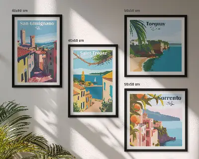Set de 4 cuadros para salón con diseño de pueblos costeros italianos