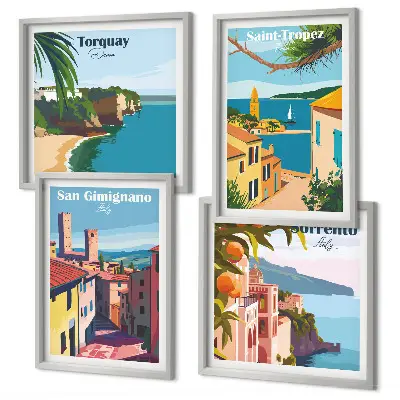 Set de 4 cuadros para salón con diseño de pueblos costeros italianos