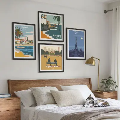 Set de cuadros modernos para salón con diseño de arquitectura de ciudades costeras