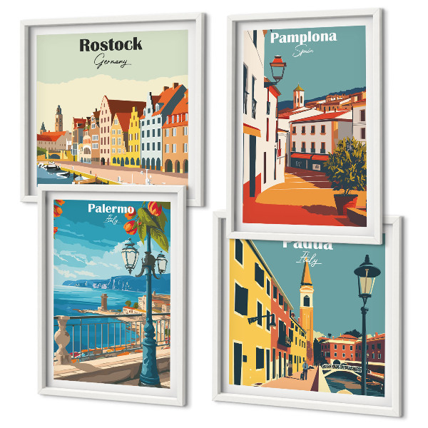 Set de 4 cuadros para salón Ilustraciones urbanas retro