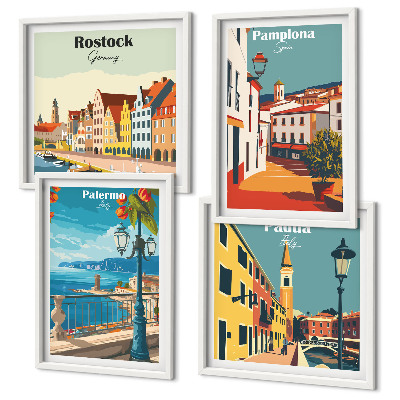 Set de 4 cuadros para salón Ilustraciones urbanas retro