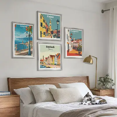Set de 4 cuadros para salón ilustraciones urbanas de estilo retro