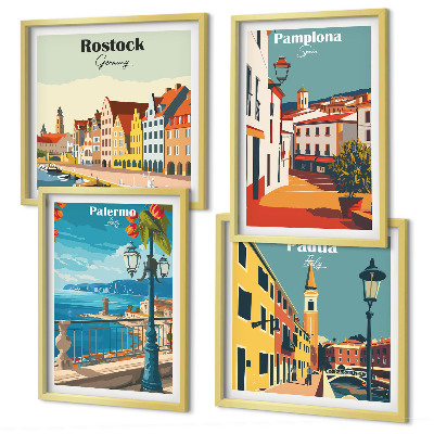 Set de 4 cuadros para salón Ilustraciones urbanas retro