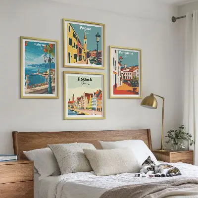 Set de 4 cuadros para salón ilustraciones urbanas de estilo retro