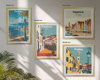 Set de 4 cuadros para salón ilustraciones urbanas de estilo retro