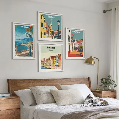 Set de 4 cuadros para salón ilustraciones urbanas de estilo retro