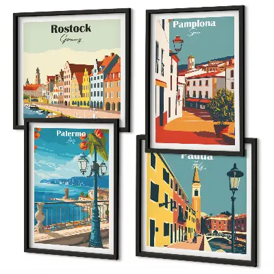 Set de 4 cuadros para salón ilustraciones urbanas de estilo retro