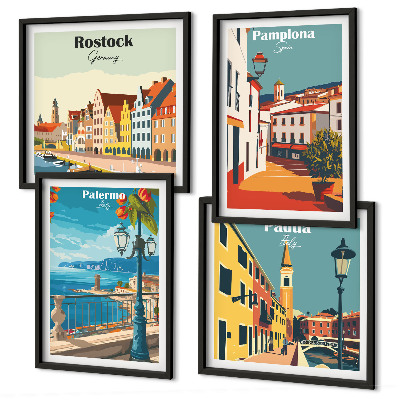 Set de 4 cuadros para salón Ilustraciones urbanas retro