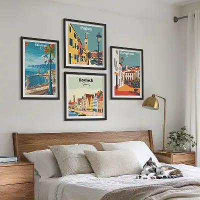 Set de 4 cuadros para salón ilustraciones urbanas de estilo retro