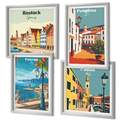 Set de 4 cuadros para salón Ilustraciones urbanas retro