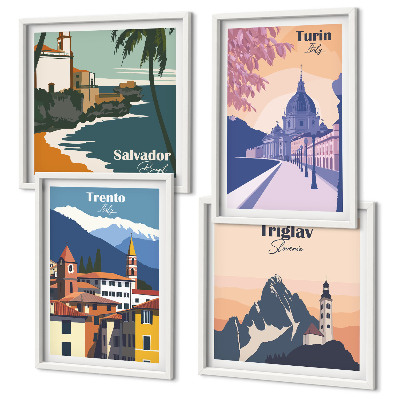 Set de 4 cuadros para salón Ilustraciones de arquitectura retro de montaña
