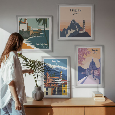 Set de 4 cuadros para salón Ilustraciones de arquitectura retro de montaña