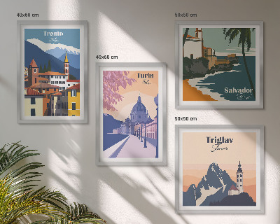 Set de 4 cuadros para salón Ilustraciones de arquitectura retro de montaña