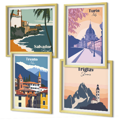 Set de 4 cuadros para salón Ilustraciones de arquitectura retro de montaña
