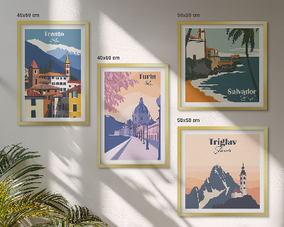 Set de 4 cuadros para salón Ilustraciones de arquitectura retro de montaña